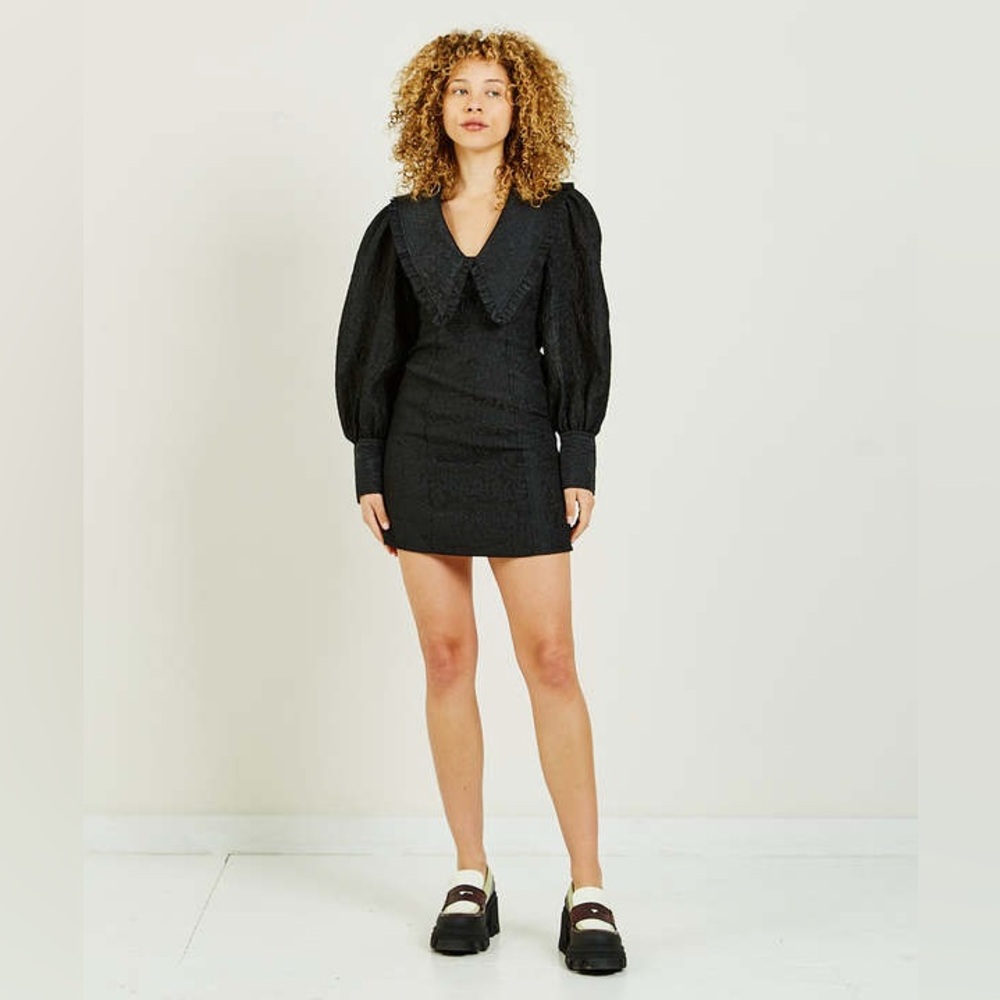Ganni Jacquard Organza V-neck Ruffle Collar Dress
